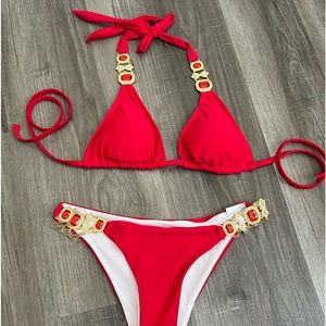 Red Two Piece Bikini with Jewels